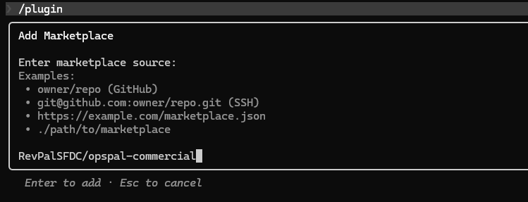 Add Marketplace dialog showing RevPalSFDC/opspal-commercial being entered