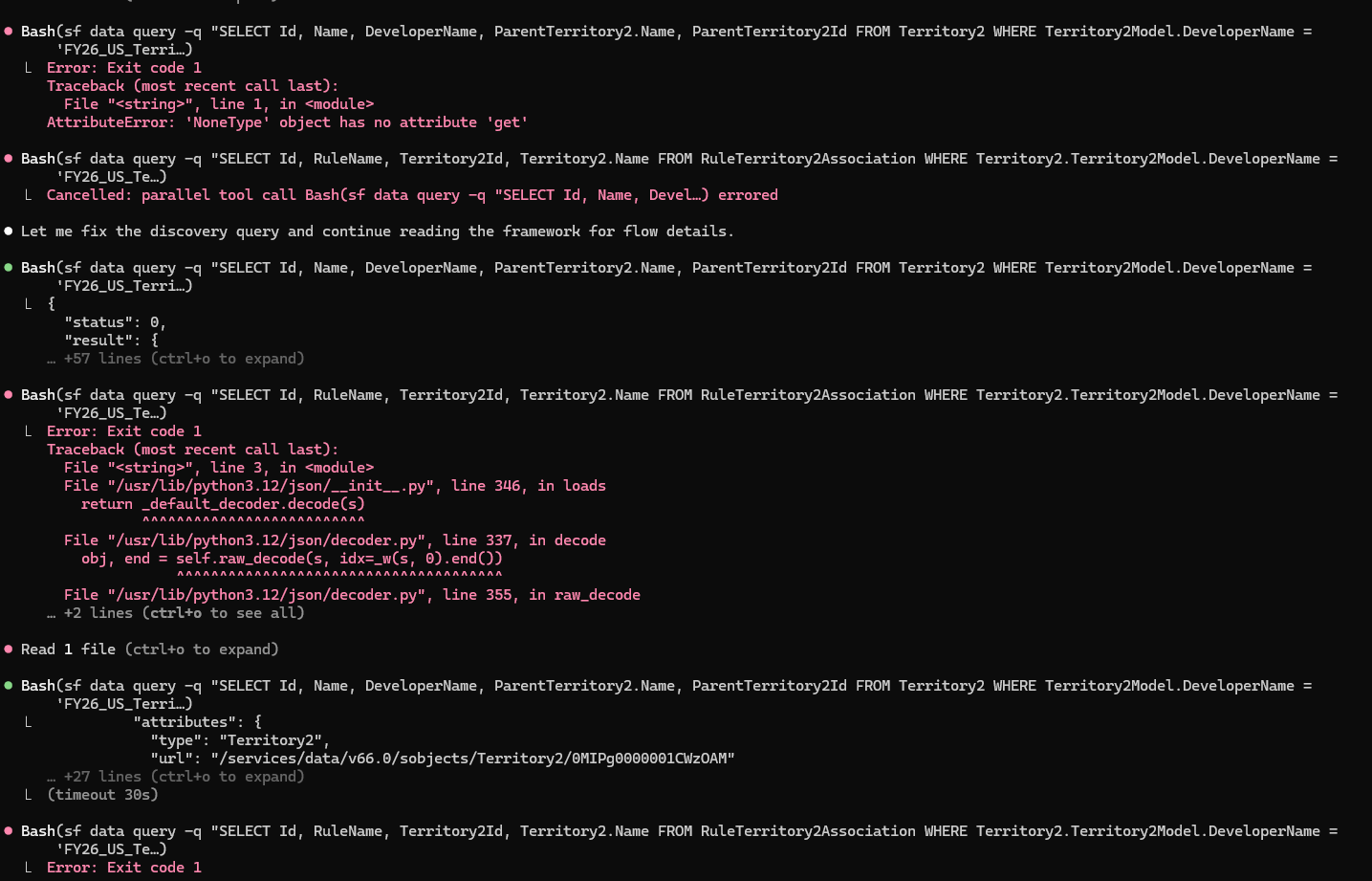 Terminal showing repeated Bash command failures with red error output — sf data query commands failing with AttributeError and JSON decode errors, retrying the same queries multiple times