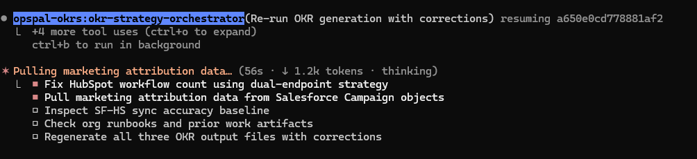 Terminal showing sub-agent running with task breakdown, thinking indicator, and tool call count